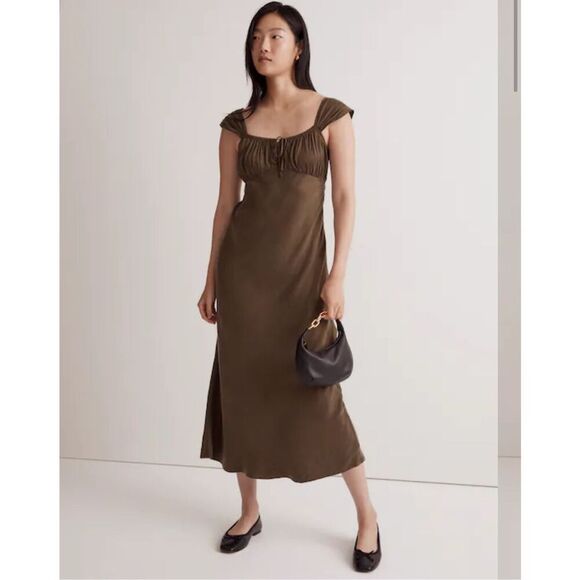 Madewell Olive Green Peasant Sleeveless Midi Dress Slip Size 8 - Picture 8 of 9